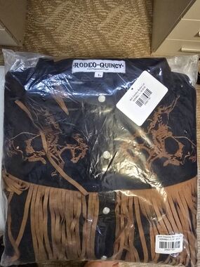 Rodeo Quincy Bolt Cowboy Black Western Fringe Shirt with Brown Embroidery